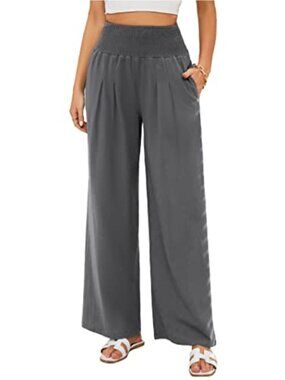 Women's Linen Cotton Wide Leg Pants High Waist Loose Palazzo Pockets Lounge Yoga